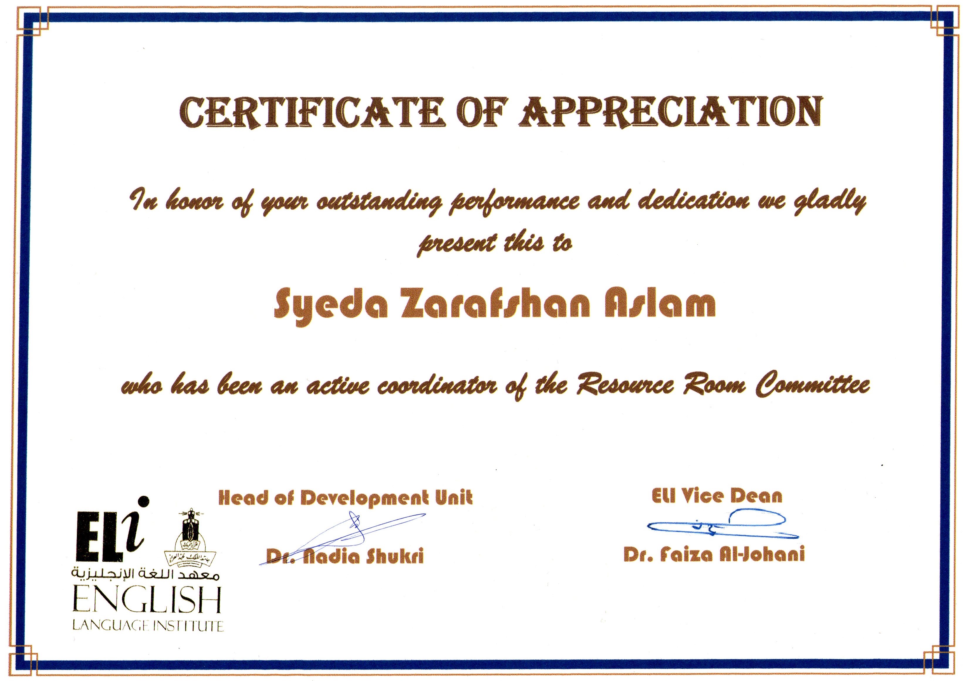 سيدة زرفشان اسلم | Photo Album | certificates of Appreciation