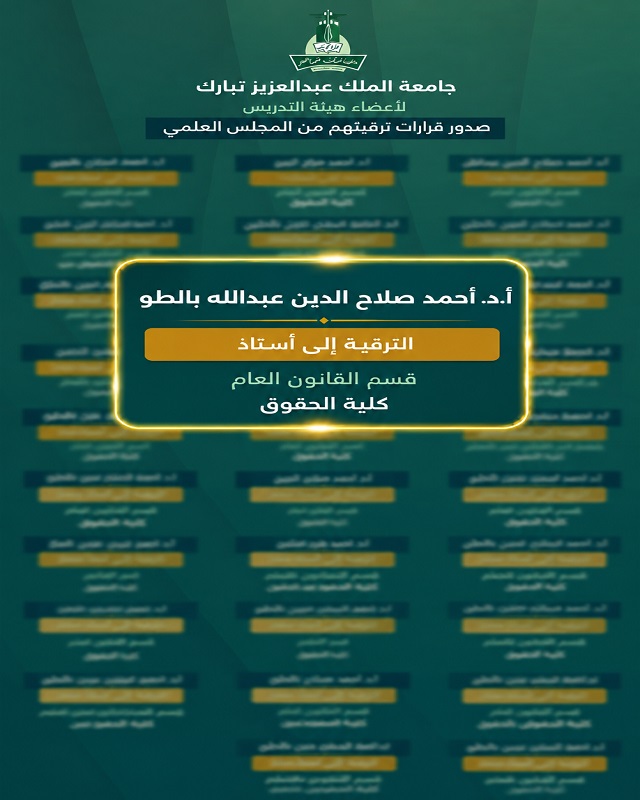 The Faculty of Law extends its sincere congratulations to Dr. Ahmed Salah El-Din Balto on his promotion to the rank of Professor.
