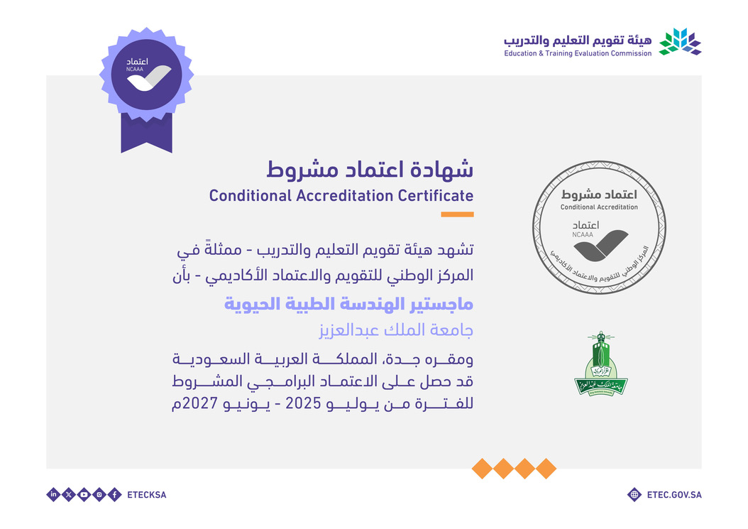 تشهد هيئة تقويم التعليم والتدريب – ممثلةً في المركز الوطني للتقويم والاعتماد الأكاديمي – بأن: ماجستير الهندسة الطبية الحيوية بجامعة الملك عبدالعزيز ومقره جدة، المملكة العربية السعودية، قد حصل على الاعتماد البرامجي المشروط للفترة من يوليو 2025م إلى يونيو 2027م.